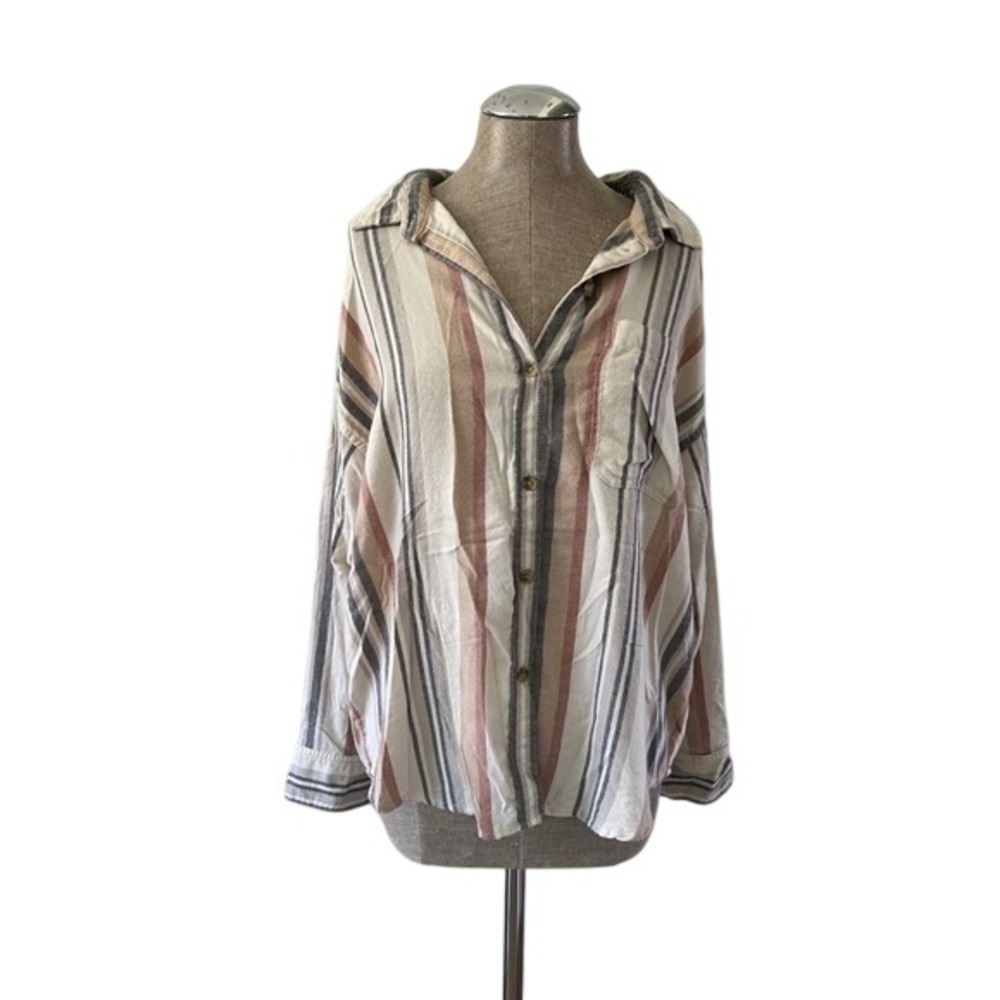American Eagle Outfitters‎ Womens Striped Button-Down Shirt - Cream, Tan & Gray